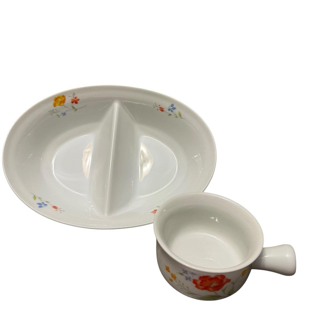Bake N Serve Hearthside Divided Baker & 10 Oz Ramekin Floral Japan Oven Safe